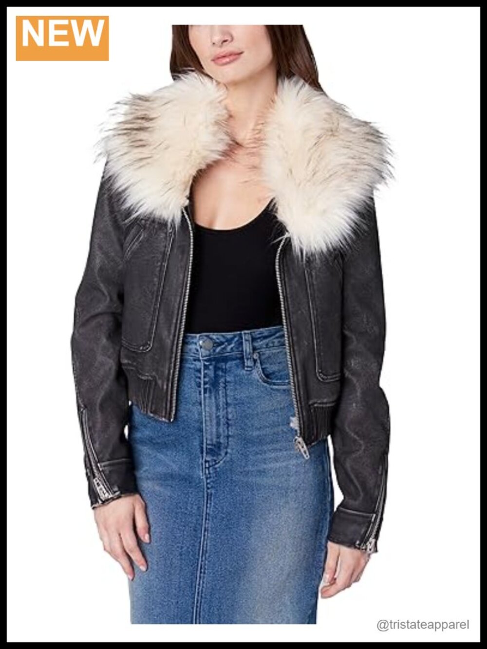Faux Fur Collar Vegan Leather Bomber Jacket Mediumweight